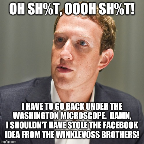 Shouldn't have stole the Facebook idea...Damn! | OH SH%T, OOOH SH%T! I HAVE TO GO BACK UNDER THE WASHINGTON MICROSCOPE.  DAMN, I SHOULDN'T HAVE STOLE THE FACEBOOK IDEA FROM THE WINKLEVOSS BROTHERS! | image tagged in mark zuckerberg,facebook,internet privacy,political corruption,washington dc,government | made w/ Imgflip meme maker