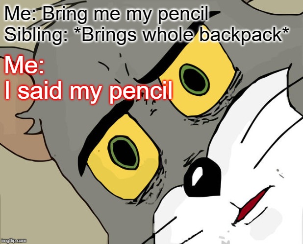 Unsettled Tom Meme | Me: Bring me my pencil
Sibling: *Brings whole backpack*; Me: 

I said my pencil | image tagged in memes,unsettled tom | made w/ Imgflip meme maker