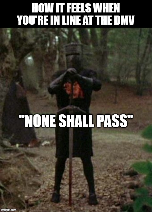 Ain't Going Nowhere | HOW IT FEELS WHEN YOU'RE IN LINE AT THE DMV; "NONE SHALL PASS" | image tagged in monty python black knight | made w/ Imgflip meme maker
