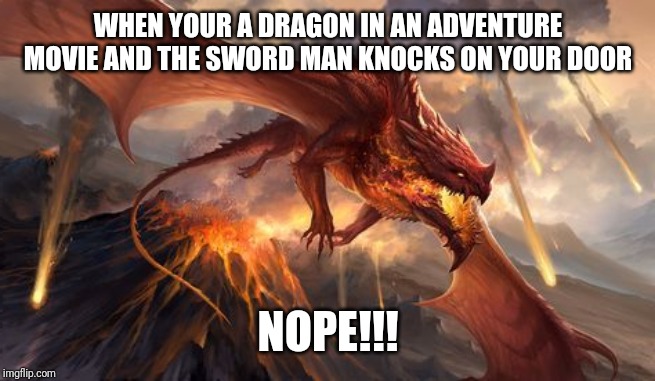 Nope | WHEN YOUR A DRAGON IN AN ADVENTURE MOVIE AND THE SWORD MAN KNOCKS ON YOUR DOOR; NOPE!!! | image tagged in nope | made w/ Imgflip meme maker