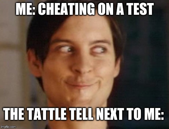Spiderman Peter Parker | ME: CHEATING ON A TEST; THE TATTLE TELL NEXT TO ME: | image tagged in memes,spiderman peter parker | made w/ Imgflip meme maker