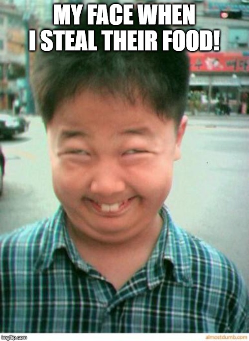 funny asian face | MY FACE WHEN I STEAL THEIR FOOD! | image tagged in funny asian face | made w/ Imgflip meme maker