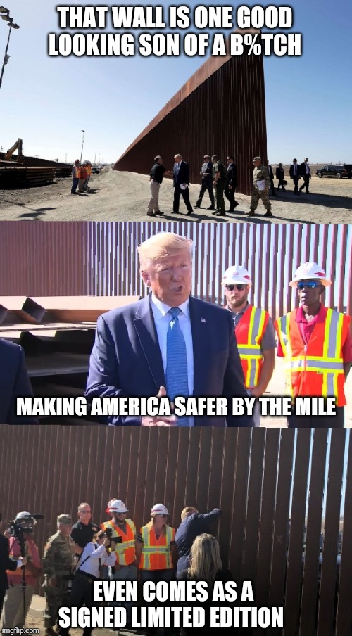 That wall is one good looking son of a b%tch! | THAT WALL IS ONE GOOD LOOKING SON OF A B%TCH; MAKING AMERICA SAFER BY THE MILE; EVEN COMES AS A SIGNED LIMITED EDITION | image tagged in donald trump,illegal immigration,build the wall,campaign promises,trump 2020,securing america | made w/ Imgflip meme maker