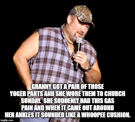 Yoga pants | GRANNY GOT A PAIR OF THOSE YOGER PANTS AND SHE WORE THEM TO CHURCH SUNDAY.  SHE SUDDENLY HAD THIS GAS PAIN AND WHEN IT CAME OUT AROUND HER ANKLES IT SOUNDED LIKE A WHOOPEE CUSHION. | image tagged in larry the cable guy,ranny,gas pain,yoga pants,gas pain fart | made w/ Imgflip meme maker