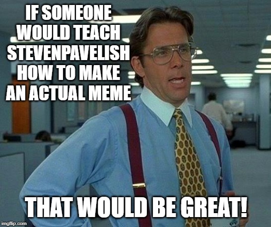 Any Takers? | IF SOMEONE WOULD TEACH STEVENPAVELISH HOW TO MAKE AN ACTUAL MEME; THAT WOULD BE GREAT! | image tagged in memes,that would be great | made w/ Imgflip meme maker
