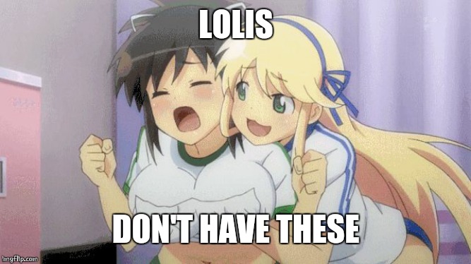 ANIME BOOB GRAB | LOLIS DON'T HAVE THESE | image tagged in anime boob grab | made w/ Imgflip meme maker