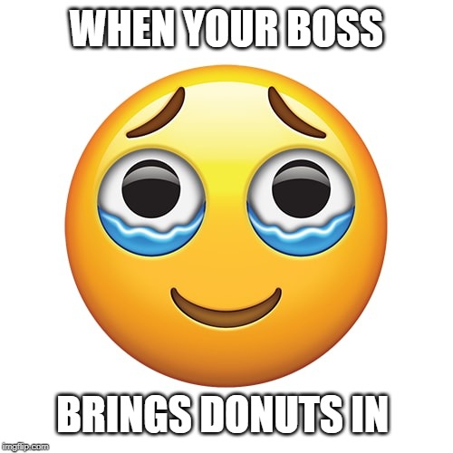 Happy Crying Emoji | WHEN YOUR BOSS; BRINGS DONUTS IN | image tagged in happy crying emoji | made w/ Imgflip meme maker