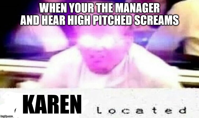 Gordon Locates | WHEN YOUR THE MANAGER AND HEAR HIGH PITCHED SCREAMS; KAREN | image tagged in gordon locates | made w/ Imgflip meme maker