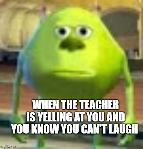 MIKE | WHEN THE TEACHER IS YELLING AT YOU AND YOU KNOW YOU CAN'T LAUGH | image tagged in sully wazowski,mike wasowski,mike meme,monsters,memes,funny memes | made w/ Imgflip meme maker
