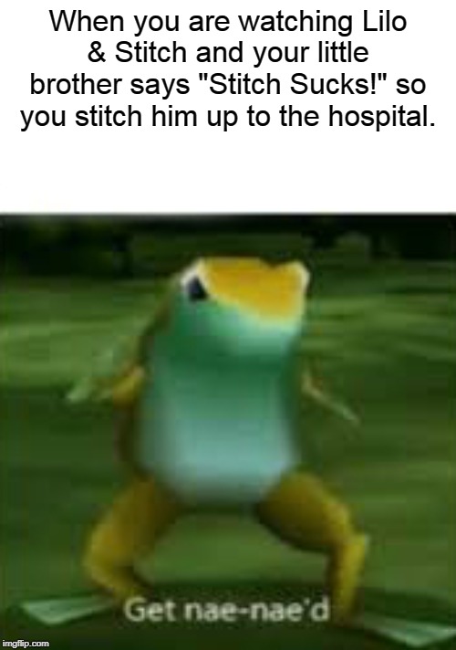 Never kid, never | When you are watching Lilo & Stitch and your little brother says "Stitch Sucks!" so you stitch him up to the hospital. | image tagged in get nae nae'd,lilo and stitch,hospital | made w/ Imgflip meme maker