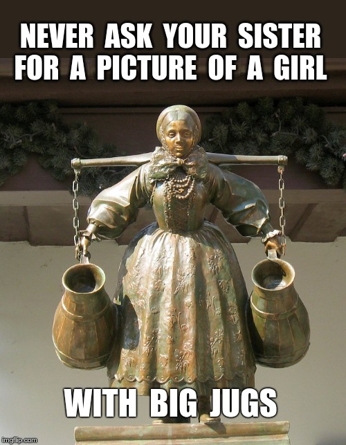 NEVER ASK YOUR SISTER FOR ... | NEVER  ASK  YOUR  SISTER  FOR  A  PICTURE  OF  A  GIRL; WITH  BIG  JUGS | image tagged in memes,boobs,art,statues,rick75230 | made w/ Imgflip meme maker