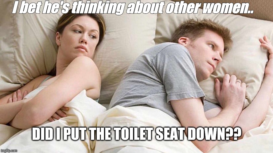I Bet He's Thinking About Other Women Meme | I bet he's thinking about other women.. DID I PUT THE TOILET SEAT DOWN?? | image tagged in i bet he's thinking about other women | made w/ Imgflip meme maker