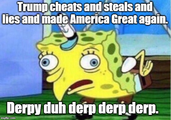 Mocking Spongebob Meme | Trump cheats and steals and lies and made America Great again. Derpy duh derp derp derp. | image tagged in memes,mocking spongebob | made w/ Imgflip meme maker