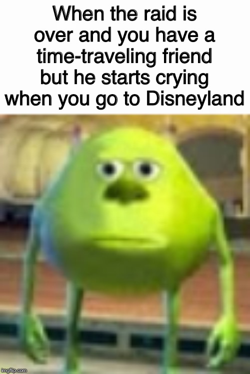 When the raid is over and you have a time-traveling friend but he starts crying when you go to Disneyland | image tagged in sully wazowski | made w/ Imgflip meme maker