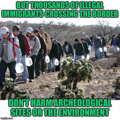 Illegal immigrants crossing border | BUT THOUSANDS OF ILLEGAL IMMIGRANTS CROSSING THE BORDER DON’T HARM ARCHEOLOGICAL SITES OR THE ENVIRONMENT | image tagged in illegal immigrants crossing border | made w/ Imgflip meme maker