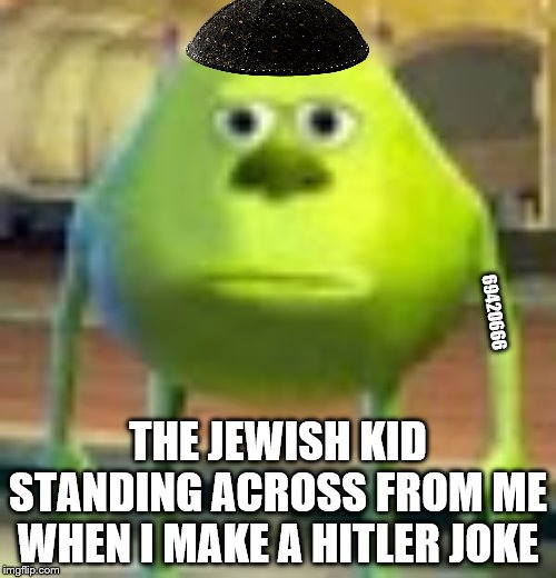 Sully Wazowski | 69420666; THE JEWISH KID STANDING ACROSS FROM ME WHEN I MAKE A HITLER JOKE | image tagged in sully wazowski | made w/ Imgflip meme maker