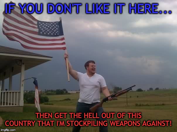 Bootlicking Rebel | IF YOU DON'T LIKE IT HERE... THEN GET THE HELL OUT OF THIS COUNTRY THAT I'M STOCKPILING WEAPONS AGAINST! | image tagged in redneck shotgun and flag,guns,immigration,maga | made w/ Imgflip meme maker