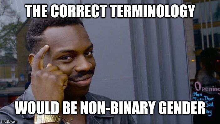Roll Safe Think About It Meme | THE CORRECT TERMINOLOGY WOULD BE NON-BINARY GENDER | image tagged in memes,roll safe think about it | made w/ Imgflip meme maker