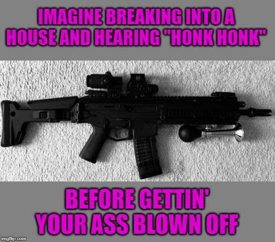 There's always an opportunity for humor! | IMAGINE BREAKING INTO A HOUSE AND HEARING "HONK HONK"; BEFORE GETTIN' YOUR ASS BLOWN OFF | image tagged in gun horn,memes,assault rifle,funny,accessories,honk honk | made w/ Imgflip meme maker
