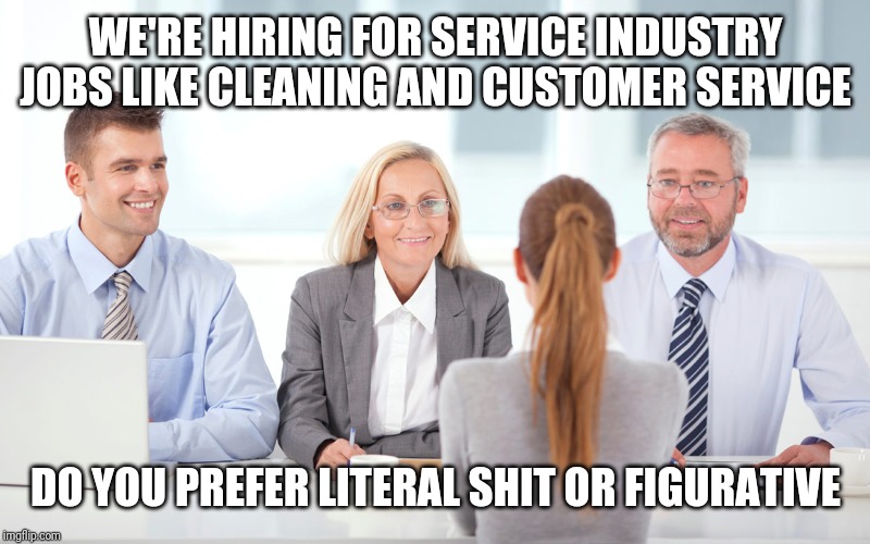 job interviewer | WE'RE HIRING FOR SERVICE INDUSTRY JOBS LIKE CLEANING AND CUSTOMER SERVICE; DO YOU PREFER LITERAL SHIT OR FIGURATIVE | image tagged in job interviewer | made w/ Imgflip meme maker