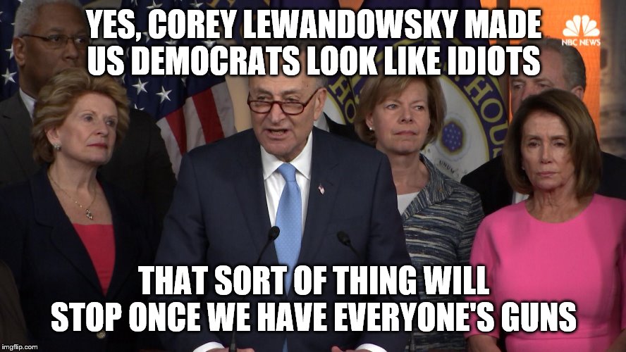 Democrat congressmen | YES, COREY LEWANDOWSKY MADE US DEMOCRATS LOOK LIKE IDIOTS; THAT SORT OF THING WILL STOP ONCE WE HAVE EVERYONE'S GUNS | image tagged in democrat congressmen | made w/ Imgflip meme maker