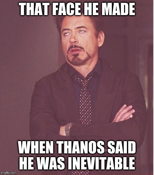 Face You Make Robert Downey Jr Meme | THAT FACE HE MADE; WHEN THANOS SAID HE WAS INEVITABLE | image tagged in memes,face you make robert downey jr | made w/ Imgflip meme maker