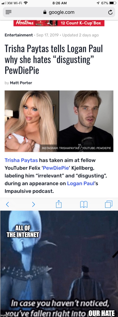 Screw this Trisha person! | ALL OF THE INTERNET; OUR HATE | image tagged in pewdiepie | made w/ Imgflip meme maker