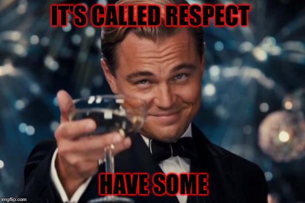 Leonardo Dicaprio Cheers | IT'S CALLED RESPECT; HAVE SOME | image tagged in memes,leonardo dicaprio cheers | made w/ Imgflip meme maker