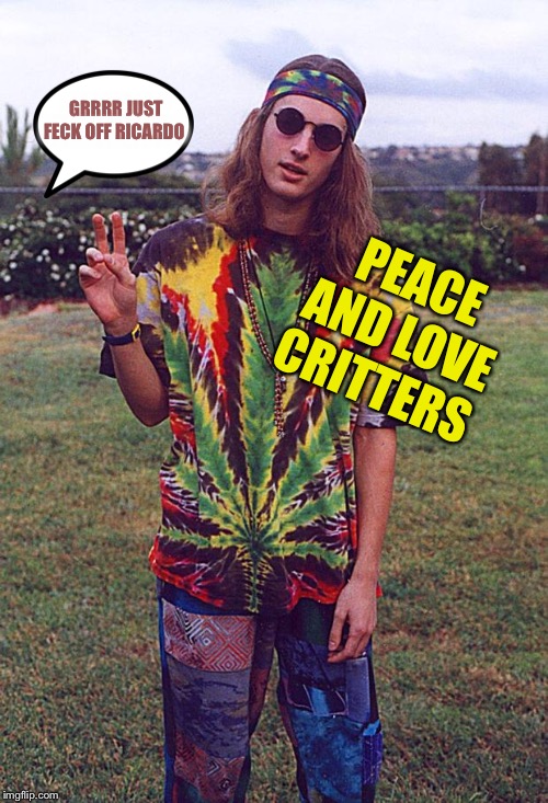Hippie | PEACE AND LOVE CRITTERS GRRRR JUST FECK OFF RICARDO | image tagged in hippie | made w/ Imgflip meme maker