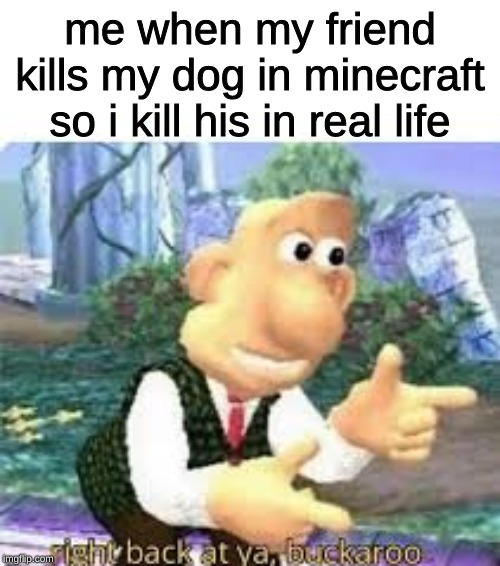 probably will happen | me when my friend kills my dog in minecraft so i kill his in real life | image tagged in right back at ya buckaroo | made w/ Imgflip meme maker