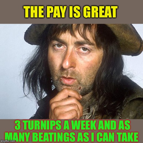 Baldrick | THE PAY IS GREAT 3 TURNIPS A WEEK AND AS MANY BEATINGS AS I CAN TAKE | image tagged in baldrick | made w/ Imgflip meme maker