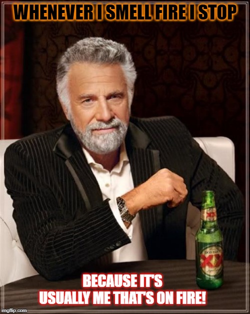 The Most Interesting Man In The World | WHENEVER I SMELL FIRE I STOP; BECAUSE IT'S USUALLY ME THAT'S ON FIRE! | image tagged in memes,the most interesting man in the world | made w/ Imgflip meme maker