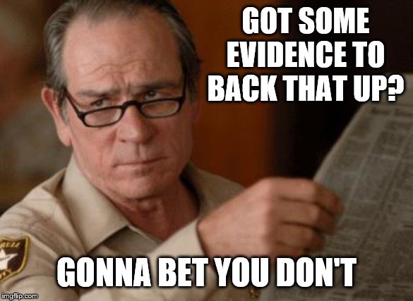 Tommy Lee Jones | GOT SOME EVIDENCE TO BACK THAT UP? GONNA BET YOU DON'T | image tagged in tommy lee jones | made w/ Imgflip meme maker