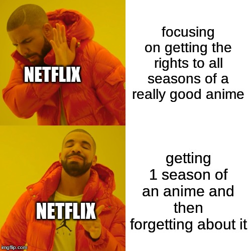 Drake Hotline Bling | focusing on getting the rights to all seasons of a really good anime; NETFLIX; getting 1 season of an anime and then forgetting about it; NETFLIX | image tagged in memes,drake hotline bling | made w/ Imgflip meme maker