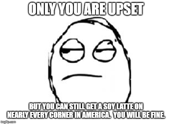 Meh | ONLY YOU ARE UPSET BUT YOU CAN STILL GET A SOY LATTE ON NEARLY EVERY CORNER IN AMERICA.  YOU WILL BE FINE. | image tagged in meh | made w/ Imgflip meme maker