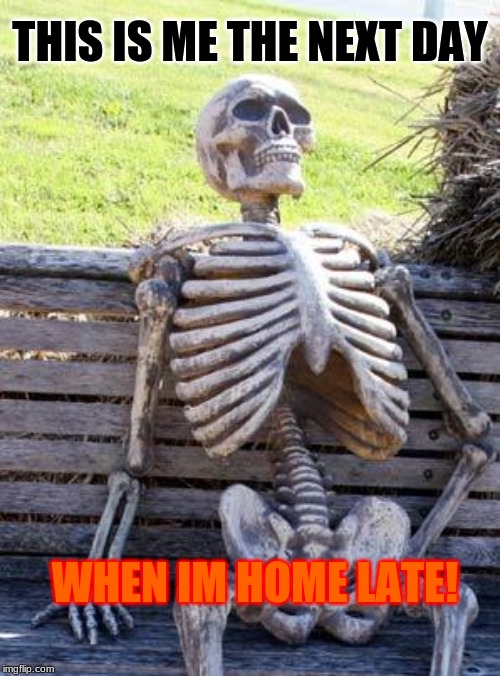 Waiting Skeleton | THIS IS ME THE NEXT DAY; WHEN IM HOME LATE! | image tagged in memes,waiting skeleton | made w/ Imgflip meme maker
