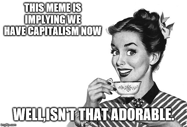 1950s Housewife | THIS MEME IS IMPLYING WE HAVE CAPITALISM NOW WELL,ISN'T THAT ADORABLE. | image tagged in 1950s housewife | made w/ Imgflip meme maker