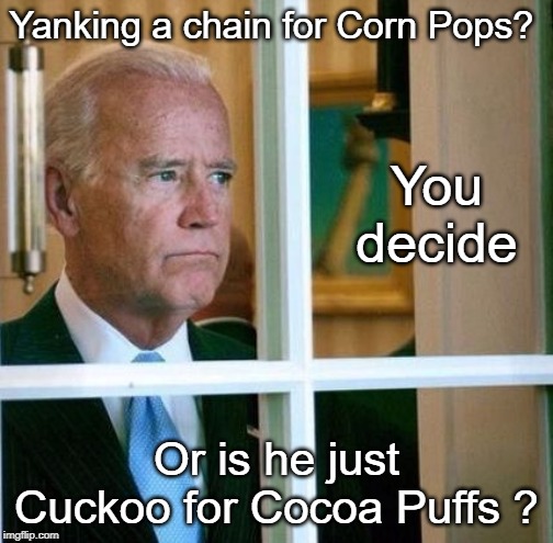 The real Joe ? | Yanking a chain for Corn Pops? You
decide; Or is he just Cuckoo for Cocoa Puffs ? | image tagged in corn pop,joe biden,cocoa puffs,cuckoo | made w/ Imgflip meme maker