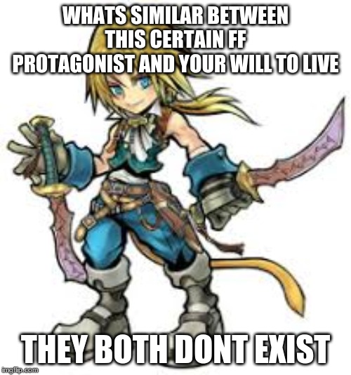 WHATS SIMILAR BETWEEN THIS CERTAIN FF PROTAGONIST AND YOUR WILL TO LIVE; THEY BOTH DONT EXIST | made w/ Imgflip meme maker