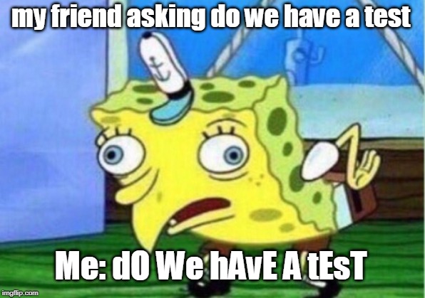 Mocking Spongebob | my friend asking do we have a test; Me: dO We hAvE A tEsT | image tagged in memes,mocking spongebob | made w/ Imgflip meme maker