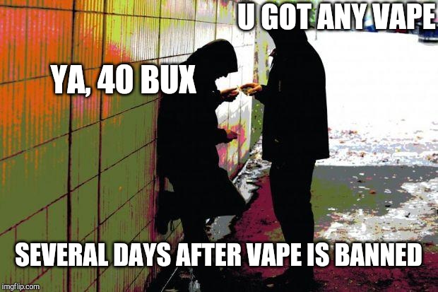 Prohibition never works... | U GOT ANY VAPE; YA, 40 BUX; SEVERAL DAYS AFTER VAPE IS BANNED | image tagged in vape nation | made w/ Imgflip meme maker