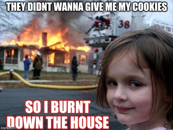 Disaster Girl | THEY DIDNT WANNA GIVE ME MY COOKIES; SO I BURNT DOWN THE HOUSE | image tagged in memes,disaster girl | made w/ Imgflip meme maker
