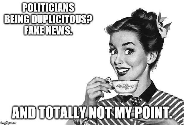 1950s Housewife | POLITICIANS BEING DUPLICITOUS? FAKE NEWS. AND TOTALLY NOT MY POINT. | image tagged in 1950s housewife | made w/ Imgflip meme maker