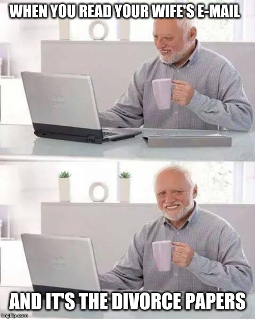 Hide the Pain Harold Meme | WHEN YOU READ YOUR WIFE'S E-MAIL; AND IT'S THE DIVORCE PAPERS | image tagged in memes,hide the pain harold | made w/ Imgflip meme maker