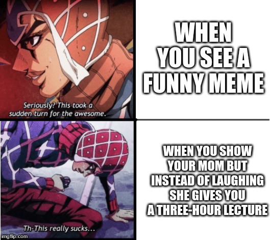 Guido Mista Jojo | WHEN YOU SEE A FUNNY MEME; WHEN YOU SHOW YOUR MOM BUT INSTEAD OF LAUGHING SHE GIVES YOU A THREE-HOUR LECTURE | image tagged in guido mista jojo | made w/ Imgflip meme maker