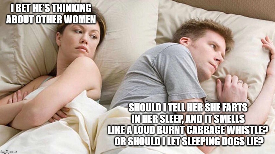 I Bet He's Thinking About Other Women | I BET HE'S THINKING ABOUT OTHER WOMEN; SHOULD I TELL HER SHE FARTS IN HER SLEEP, AND IT SMELLS LIKE A LOUD BURNT CABBAGE WHISTLE?  OR SHOULD I LET SLEEPING DOGS LIE? | image tagged in i bet he's thinking about other women | made w/ Imgflip meme maker