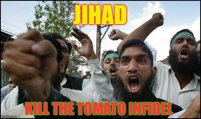 islam | JIHAD KILL THE TOMATO INFIDEL | image tagged in islam | made w/ Imgflip meme maker