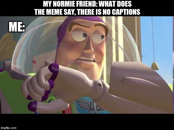 No normies | MY NORMIE FRIEND: WHAT DOES THE MEME SAY, THERE IS NO CAPTIONS; ME: | image tagged in no normies | made w/ Imgflip meme maker
