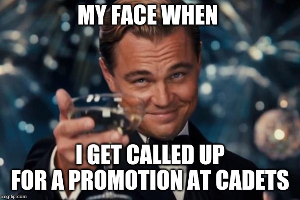 Leonardo Dicaprio Cheers | MY FACE WHEN; I GET CALLED UP FOR A PROMOTION AT CADETS | image tagged in memes,leonardo dicaprio cheers | made w/ Imgflip meme maker