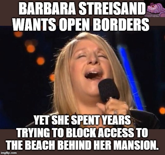 The hypocrisy of the virtue signalling left. | BARBARA STREISAND WANTS OPEN BORDERS; YET SHE SPENT YEARS TRYING TO BLOCK ACCESS TO THE BEACH BEHIND HER MANSION. | image tagged in barbara streisand | made w/ Imgflip meme maker